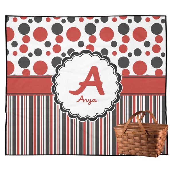 Custom Red & Black Dots & Stripes Outdoor Picnic Blanket (Personalized)