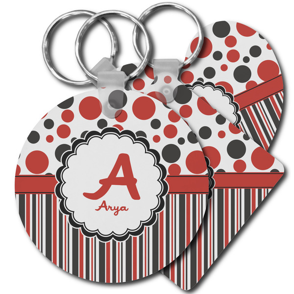 Custom Red & Black Dots & Stripes Plastic Keychain (Personalized)