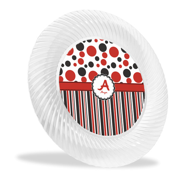 Custom Red & Black Dots & Stripes Plastic Party Dinner Plates - 10" (Personalized)