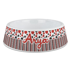 Red & Black Dots & Stripes Plastic Dog Bowl - Large (Personalized)