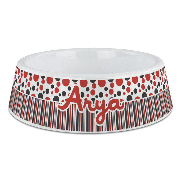 Custom Red & Black Dots & Stripes Plastic Dog Bowl - Large (Personalized)