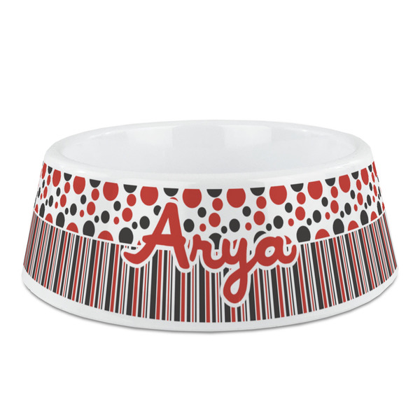 Custom Red & Black Dots & Stripes Plastic Dog Bowl (Personalized)