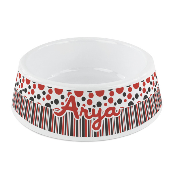 Custom Red & Black Dots & Stripes Plastic Dog Bowl - Small (Personalized)