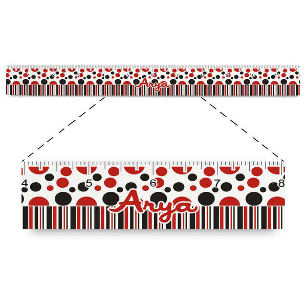 Custom Red & Black Dots & Stripes Plastic Ruler - 12" (Personalized)
