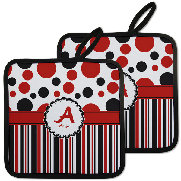 Custom Red & Black Dots & Stripes Pot Holders - Set of 2 w/ Name and Initial