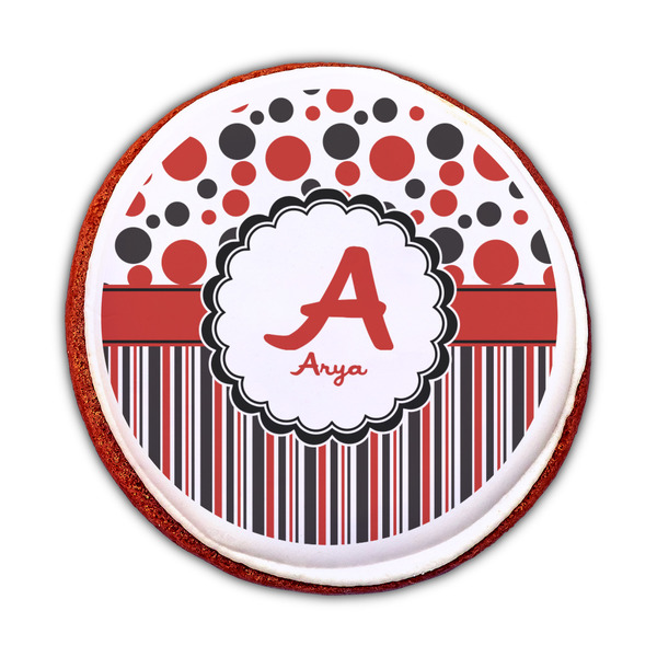 Red & Black Dots & Stripes Printed Icing Circle - Medium - On Cookie