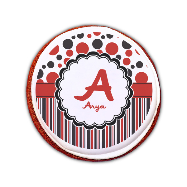 Red & Black Dots & Stripes Printed Icing Circle - Small - On Cookie