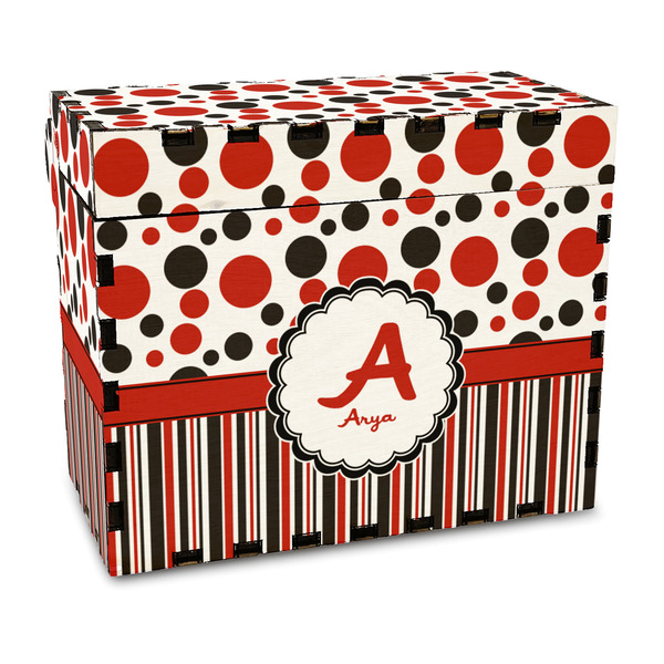 Custom Red & Black Dots & Stripes Wood Recipe Box - Full Color Print (Personalized)