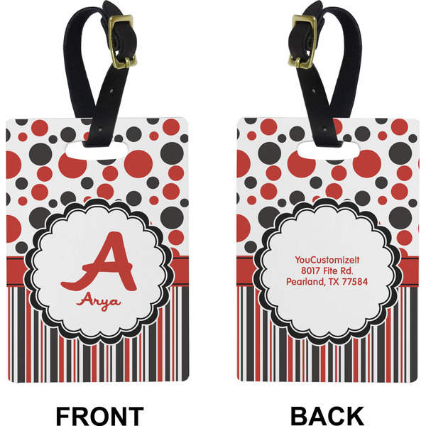Red & Black Dots & Stripes Rectangle Luggage Tag (Front + Back)