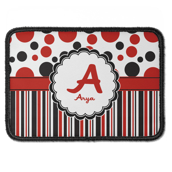 Custom Red & Black Dots & Stripes Iron On Rectangle Patch w/ Name and Initial