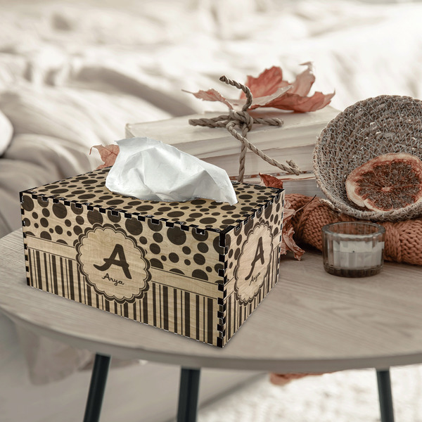 Red & Black Dots & Stripes Rectangle Tissue Box Covers - Wood - In Context