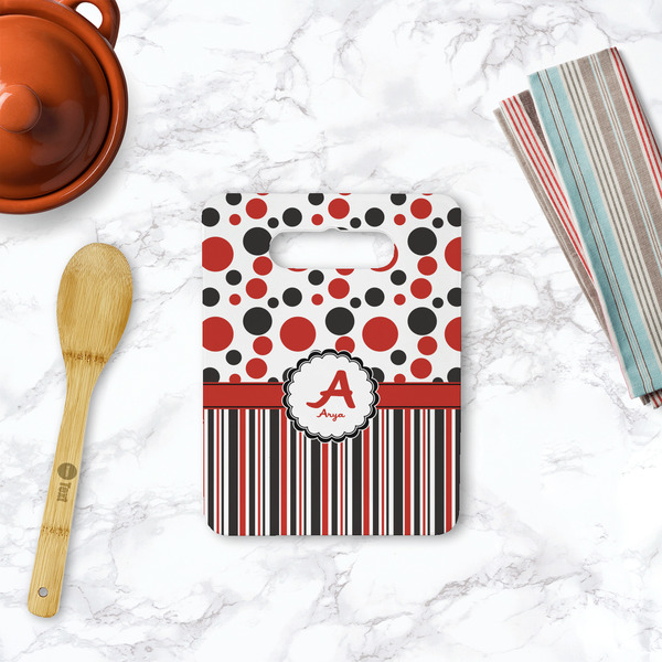 Red & Black Dots & Stripes Rectangle Trivet with Handle - LIFESTYLE