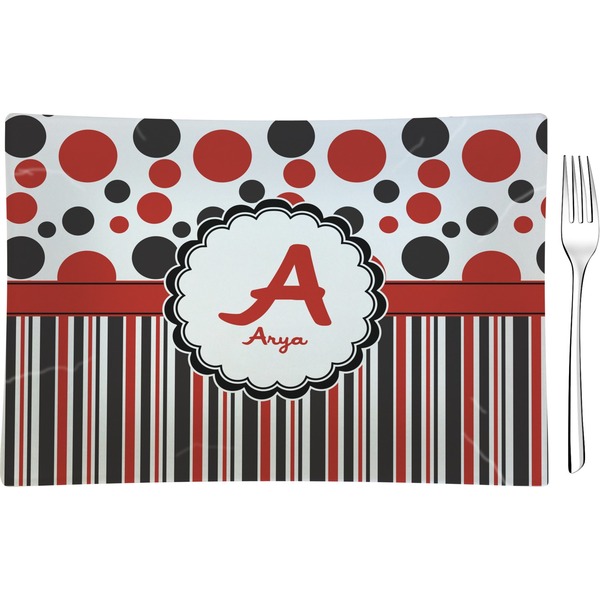 Custom Red & Black Dots & Stripes Glass Rectangular Appetizer / Dessert Plate (Personalized)
