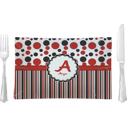Red & Black Dots & Stripes Rectangular Glass Lunch / Dinner Plate - Single or Set (Personalized)
