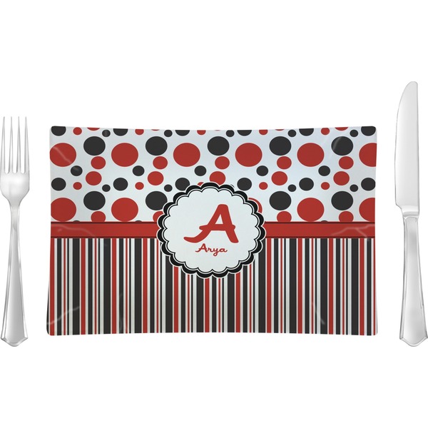 Custom Red & Black Dots & Stripes Glass Rectangular Lunch / Dinner Plate (Personalized)