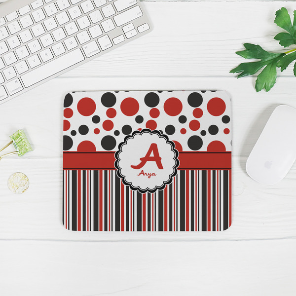 Red & Black Dots & Stripes Rectangular Mouse Pad - LIFESTYLE 2