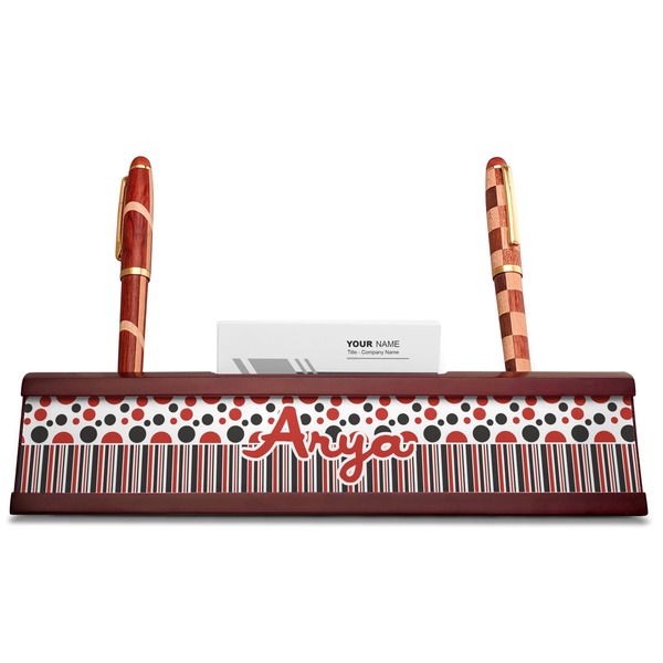 Red & Black Dots & Stripes Red Mahogany Nameplates with Business Card Holder - Straight