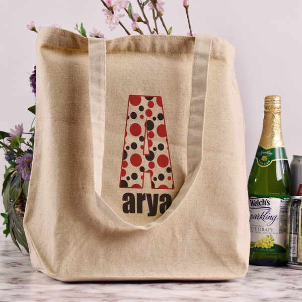 Red & Black Dots & Stripes Reusable Cotton Grocery Bag - In Context