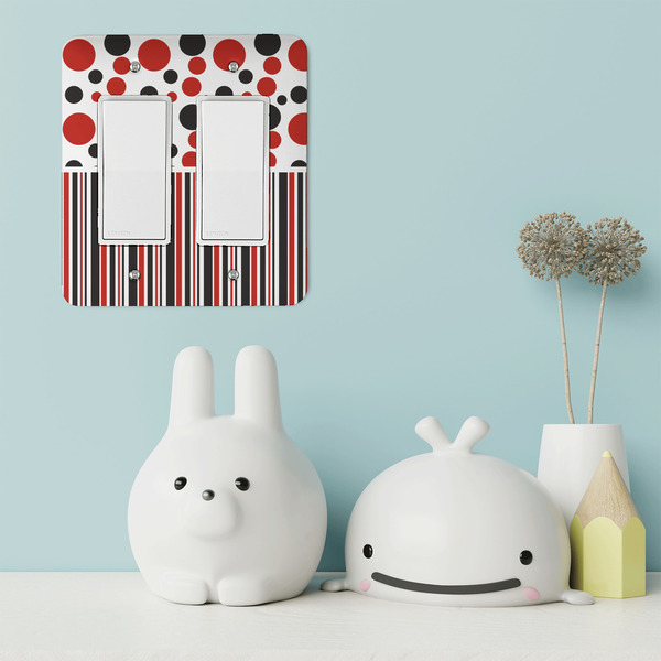 Red & Black Dots & Stripes Rocker Light Switch Covers - Double - IN CONTEXT