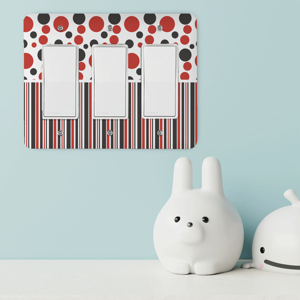 Red & Black Dots & Stripes Rocker Light Switch Covers - Triple - IN CONTEXT