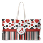 Red & Black Dots & Stripes Large Tote Bag with Rope Handles (Personalized)