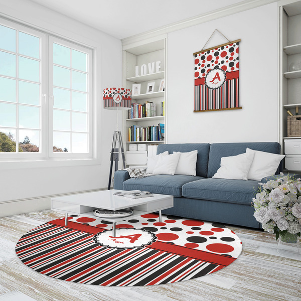 Red & Black Dots & Stripes Round Area Rug - IN CONTEXT