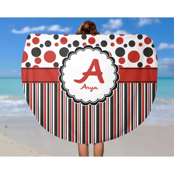 Red & Black Dots & Stripes Round Beach Towel - In Use