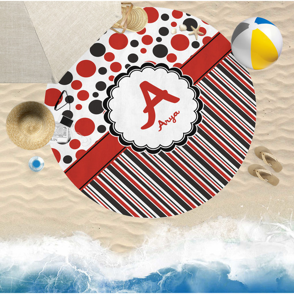 Red & Black Dots & Stripes Round Beach Towel Lifestyle