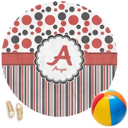 Red & Black Dots & Stripes Round Beach Towel (Personalized)