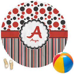 Red & Black Dots & Stripes Round Beach Towel (Personalized)