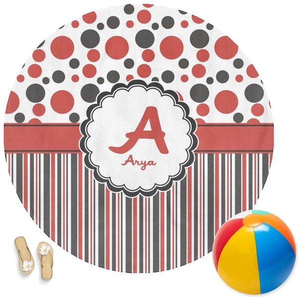 Custom Red & Black Dots & Stripes Round Beach Towel (Personalized)