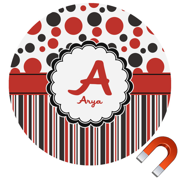 Custom Red & Black Dots & Stripes Round Car Magnet - 10" (Personalized)