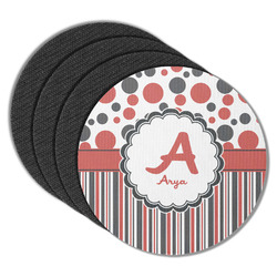 Red & Black Dots & Stripes Round Rubber Backed Coasters - Set of 4 (Personalized)