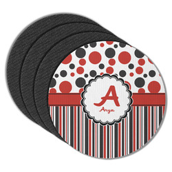 Red & Black Dots & Stripes Round Rubber Backed Coasters - Set of 4 (Personalized)