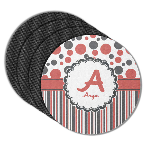 Custom Red & Black Dots & Stripes Round Rubber Backed Coasters - Set of 4 (Personalized)