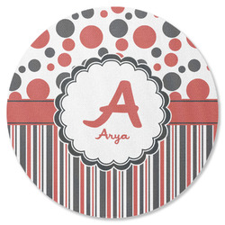 Red & Black Dots & Stripes Round Rubber Backed Coaster (Personalized)