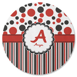 Red & Black Dots & Stripes Round Rubber Backed Coaster (Personalized)