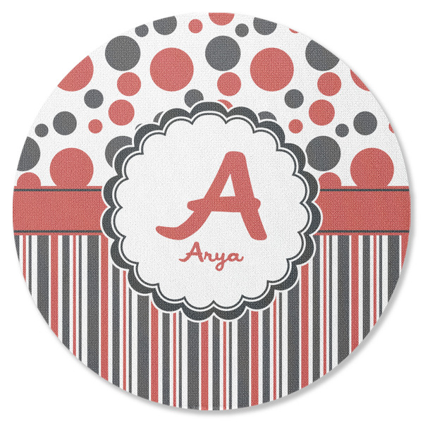 Custom Red & Black Dots & Stripes Round Rubber Backed Coaster (Personalized)