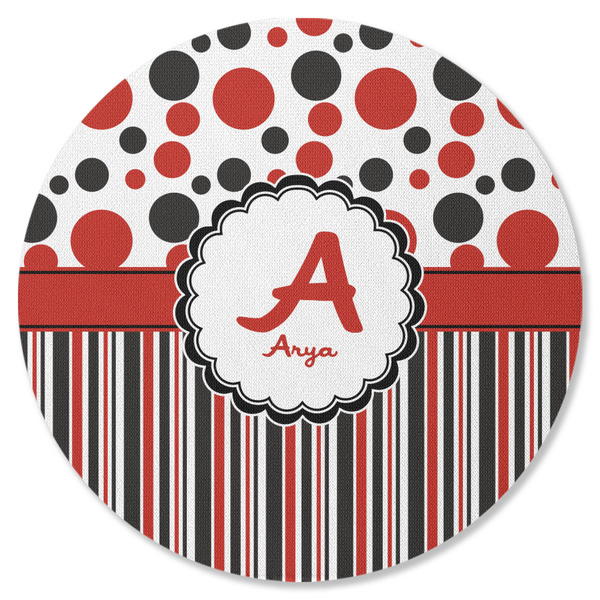 Custom Red & Black Dots & Stripes Round Rubber Backed Coaster (Personalized)