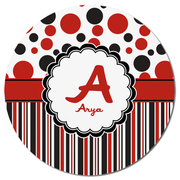 Red & Black Dots & Stripes Round Fridge Magnet - FRONT