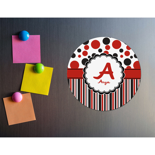 Red & Black Dots & Stripes Round Fridge Magnet - LIFESTYLE