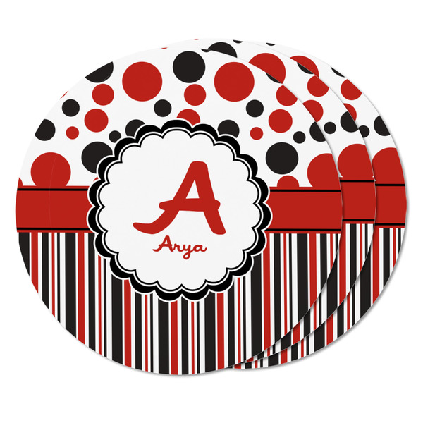 Red & Black Dots & Stripes Round Fridge Magnet - THREE