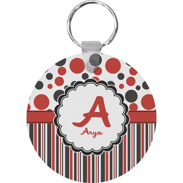 Custom Red & Black Dots & Stripes Round Plastic Keychain (Personalized)