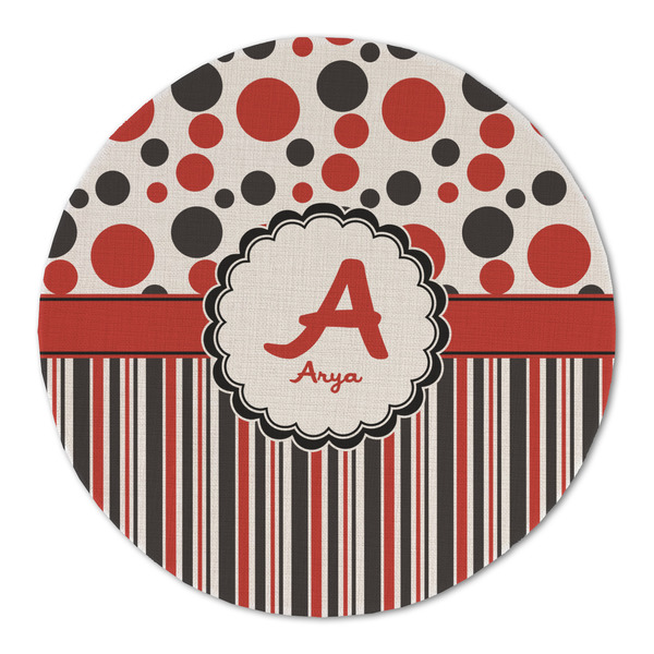 Red & Black Dots & Stripes Round Linen Placemats - FRONT (Double Sided)