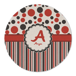 Red & Black Dots & Stripes Round Linen Placemat (Personalized)