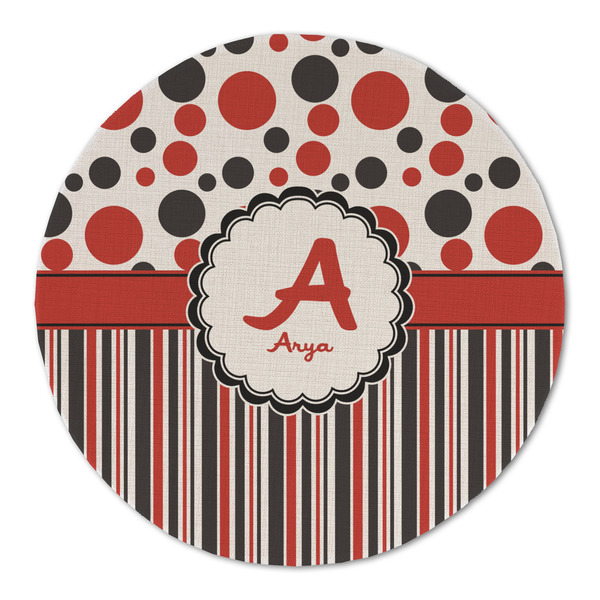 Custom Red & Black Dots & Stripes Round Linen Placemat (Personalized)