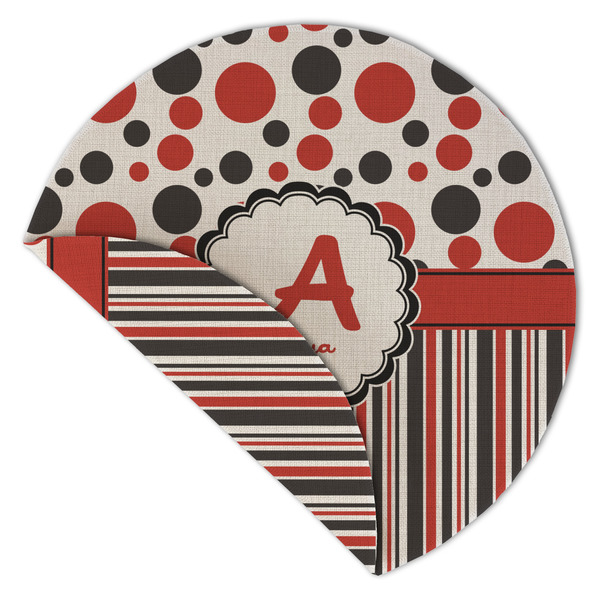 Red & Black Dots & Stripes Round Linen Placemats - Front (folded corner double sided)