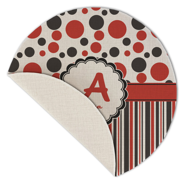 Red & Black Dots & Stripes Round Linen Placemats - Front (folded corner single sided)