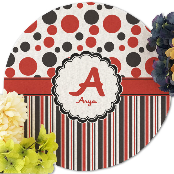 Red & Black Dots & Stripes Round Linen Placemats - Front (w flowers)