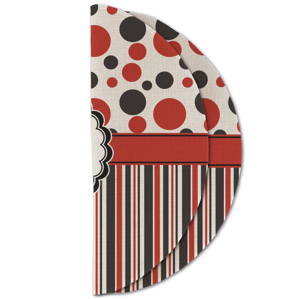 Red & Black Dots & Stripes Round Linen Placemats - HALF FOLDED (double sided)